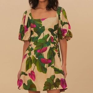 FARM RIO Sand Anthurium Leaves Lenzing™ Ecovero™ Euroflax™ Mini Dress, Size XXS